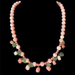 14K Gold Filled Angel Skin Coral Roses Hand Carved Necklace Museum Quality